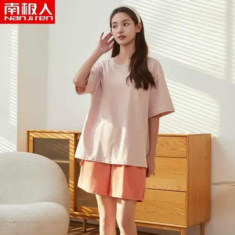 女士睡衣夏季薄款宽松透气纯棉家居服女生短袖短裤休闲圆领两件套商品大图