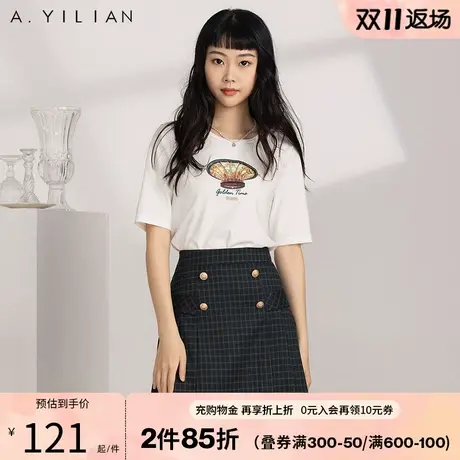 阿依莲白色短袖纯棉正肩女t恤设计感小众上衣女夏款宽松体恤衣服图片