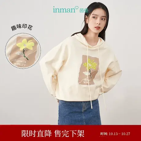 【商场同款】茵曼宽松女2023年春季新款连帽印花休闲落肩全棉卫衣图片