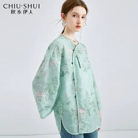 秋水伊人国风圆领绣花雪纺衫2024年春季新款女新中式斜襟宽松上衣图片