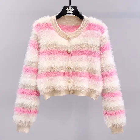 温柔风条纹水貂绒毛衣外套女秋冬2023新款洋气短款修身针织开衫商品大图