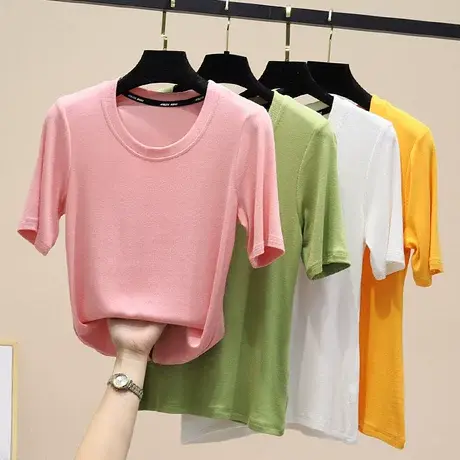 春夏显瘦百搭基础款简约圆领短袖T恤衫针织打底衫白色半袖上衣女商品大图