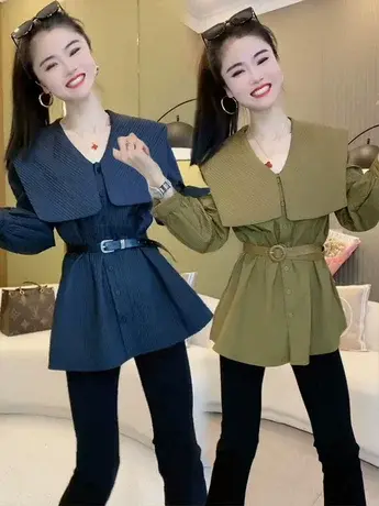 韩国东大门设计感小众中长款长袖收腰衬衫女艺术感海军领上衣春潮商品大图