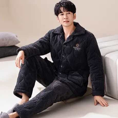 睡衣男秋冬季珊瑚绒加绒加厚三层夹棉法兰绒套装家居服套装可外穿商品大图
