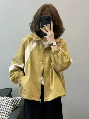 2023秋季新款撞色连帽冲锋衣外套女短款小个子宽松百搭夹克上衣潮商品大图