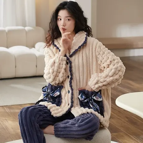 猫人加绒睡衣女冬季2023新款开衫法兰绒大码加厚家居服套装可外穿图片
