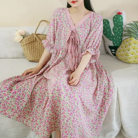 胖妹妹夏季2023新品雪纺印花短袖连衣裙 加大码法式V领系带长裙商品大图
