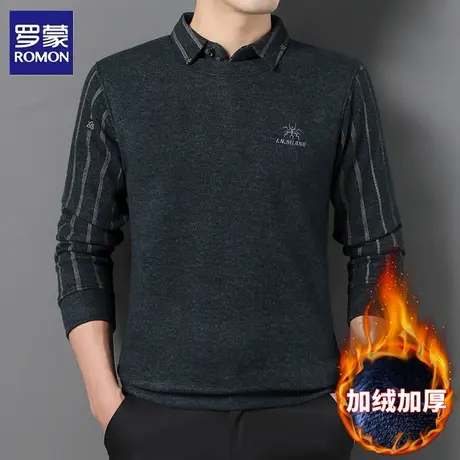 罗蒙加绒加厚假两件毛衣男士春秋季商务休闲保暖柔顺亲肤针织衫图片
