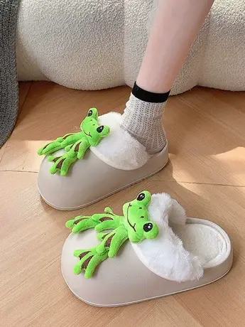 可爱青蛙棉拖鞋女外穿厚底2023新款秋冬季室内家居毛毛包头半拖鞋图片