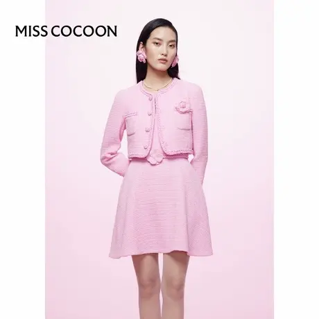 COCOON商场同款2023夏装少女粉小香风立体花朵粗花呢外套女图片