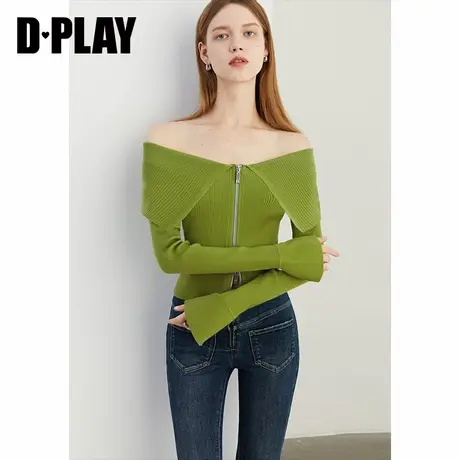 DPLAY秋季气质通勤一字肩大翻领绿色长袖修身针织衫商品大图