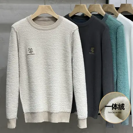抗起球冬季毛衣男士加绒加厚男式圆领保暖上衣一体绒针织打底衫潮商品大图