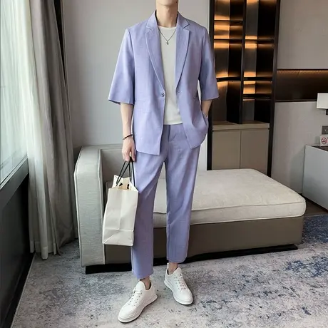 七分中袖小西装男夏季轻薄冰丝防晒外套休闲风松弛感宽松西服套装图片
