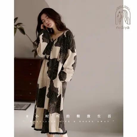妮狄娅睡衣睡裙女春季长袖柔软棉国风复古长裙宽松外穿春秋家居服商品大图