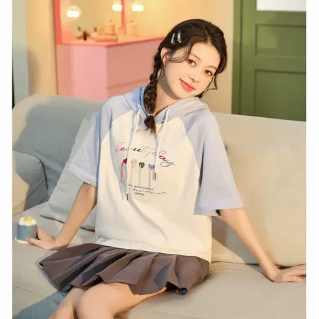 唐狮夏季新款女T恤插肩袖短袖上衣春夏撞色刺绣半袖卫衣帽衫商品大图