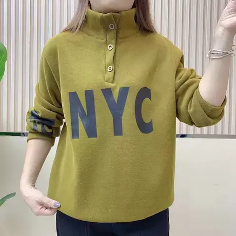 2023秋冬韩版休闲字母加绒卫衣宽松套头立领三粒扣女加厚上衣ins图片