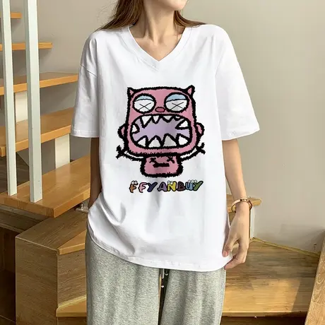 白色V领印花T恤oversize大码纯棉美式复古卡通短袖ins遮肉上衣夏商品大图