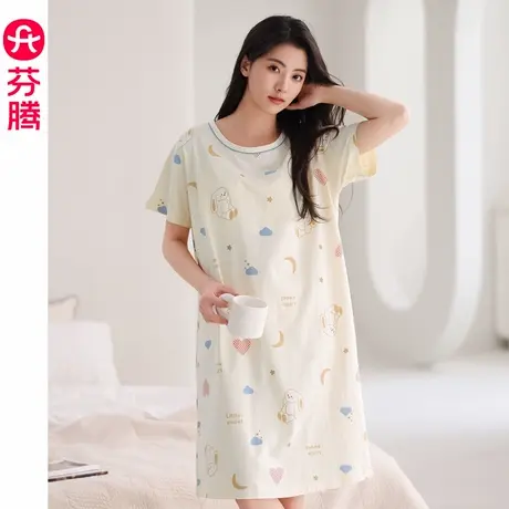 芬腾女士睡裙夏季纯棉薄款2024年新款夏天短袖睡衣女款品牌家居服商品大图