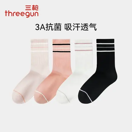 4双装三枪袜子女运动风条纹长筒袜抗菌吸汗透气弹力舒适薄款女袜商品大图
