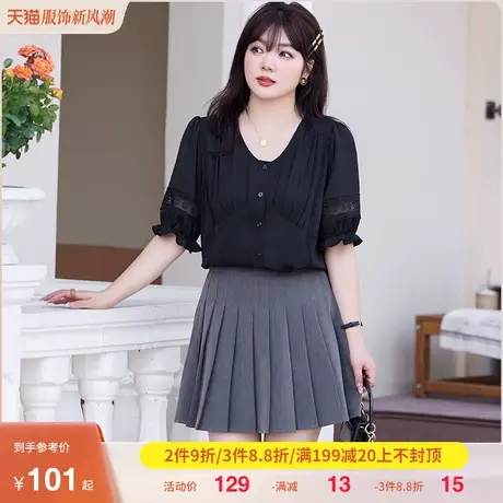 2023年夏季新款大码女装短袖上衣套头显瘦胖MM黑色雪纺衫宽松直筒商品大图