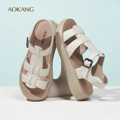 奥康 女鞋2026夏季新款真皮牛皮休闲外穿软底软面罗马凉鞋女L图片