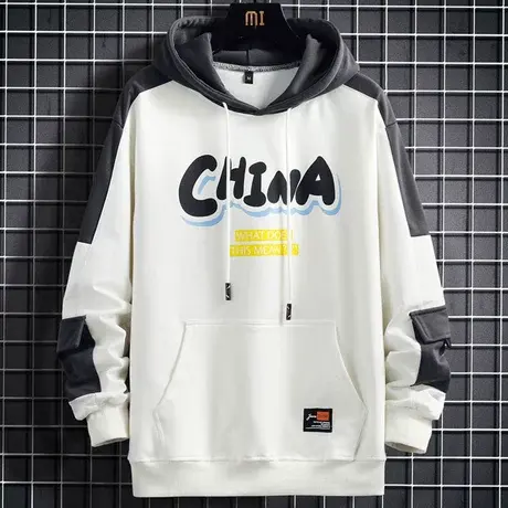 春秋季卫衣男2023新款潮ins套头白色拼接印花青少年连帽长袖上衣商品大图