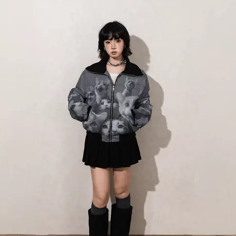 美式拼接短款印花棉服女冬季复古面包服棉衣宽松2024新款保暖外套商品大图
