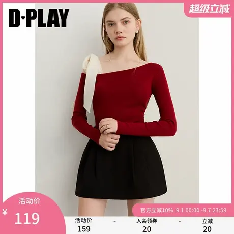 DPALY2025年秋季新款红色针织衫女露肩蝴蝶结系带设计含羊毛上衣图片