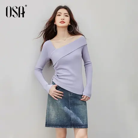 OSA欧莎法式设计感气质长袖针织衫女上衣秋冬季慵懒百搭紫色毛衣商品大图