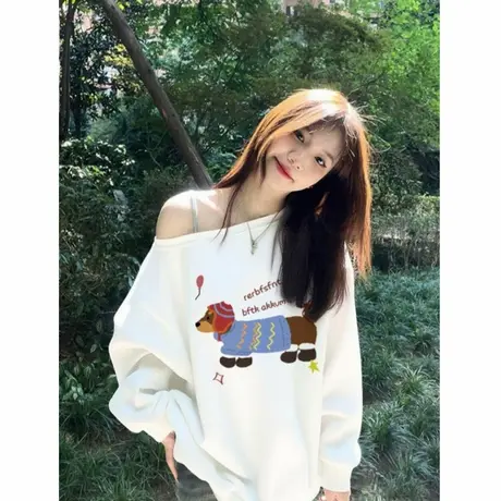 早秋新款白色辣妹斜领卫衣女2025小众设计感宽松显瘦露肩长袖上衣商品大图