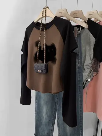 超火cec大码正肩撞色长袖T恤女咖色复古显瘦ins辣妹打底衫上衣秋商品大图