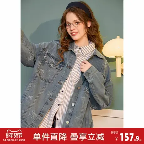 唐狮2026新款春秋季女薄外套百搭高级感甜酷风蝴蝶结满印牛仔外套商品大图