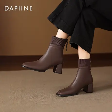 达芙妮棕色短靴女2025秋冬新款法式美拉德西部靴子粗跟方头瘦瘦靴图片