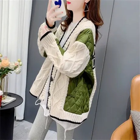 设计感夹棉拼接毛衣开衫女秋冬2023新款宽松加厚网红针织外套上衣商品大图