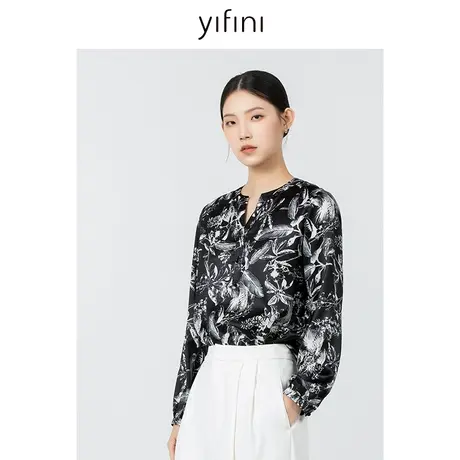 Yifini/易菲高级感印花V领长袖设计感衬衫女2023秋季新款百搭上衣商品大图