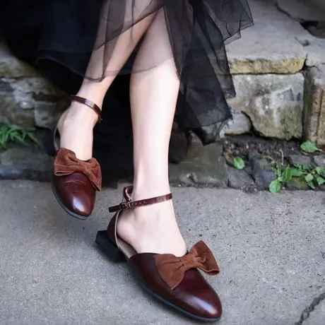 Artmu阿木原创春季新款复古学院风蝴蝶结单鞋女一字扣真皮半凉鞋图片