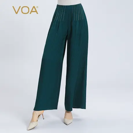 VOA100%真丝提花明线装饰自然腰隐形侧拉轻盈透气桑蚕丝阔腿裤商品大图