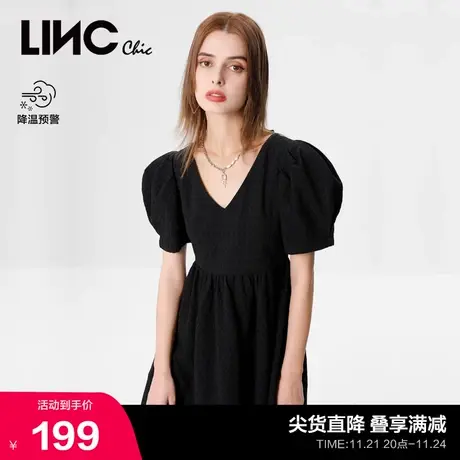 LINCCHIC金羽杰新款连衣裙V领泡泡袖高腰法式连衣裙女S222DR243图片