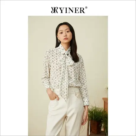 YINER音儿专柜女装2022春季新款印花系带领桑蚕丝衬衫图片
