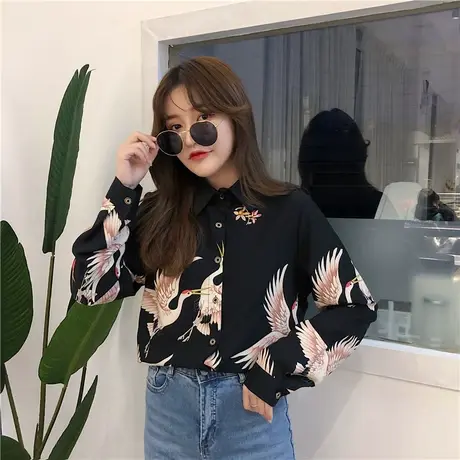 衬衫女2023新款夏季设计感小众雪纺仙鹤衬衣短袖复古港风ins上衣商品大图