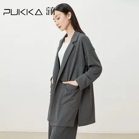 蒲PUKKA   通勤西装外套女新品碳灰色落肩袖中长款时尚风衣图片
