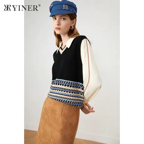 【音儿甄选】YINER音儿女装新款衬衫袖拼接假两件针织衫商品大图