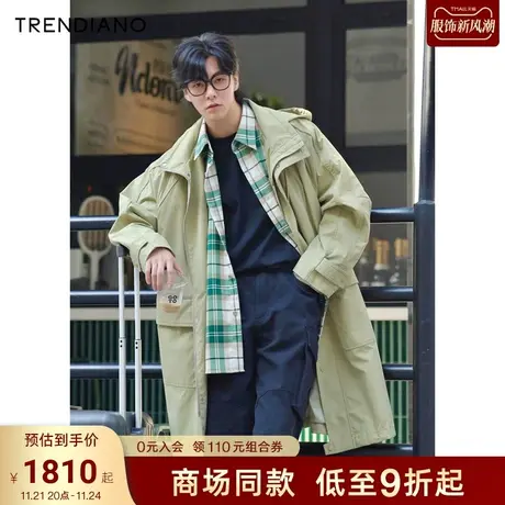 TRENDIANO官方铆钉字母中长款连帽廓形风衣外套男2023新款秋季图片