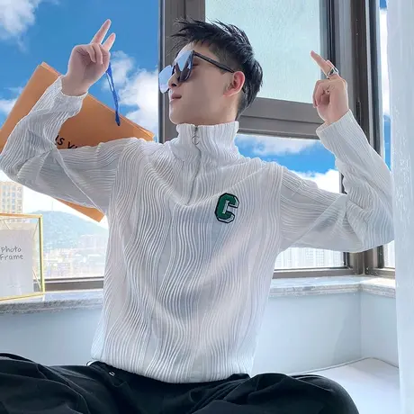 秋季时尚休闲长袖体恤波浪条纹拉链POLO衫体恤个性潮牌ins男士T恤商品大图