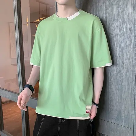 纯色假两件圆领短袖T恤男士全棉潮牌宽松半袖体恤打底衫上衣服ins商品大图