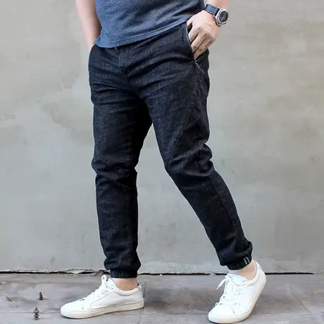 秋冬新款特大号潮高弹力修身松紧束脚加肥加大码男士牛仔长裤图片