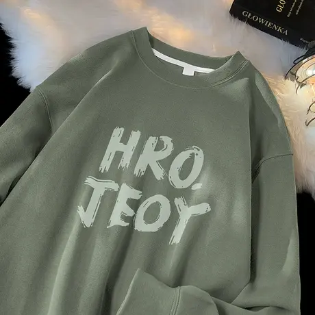 350g重磅卫衣男2024新款无帽长袖t恤美式复古潮流宽松圆领打底衫商品大图