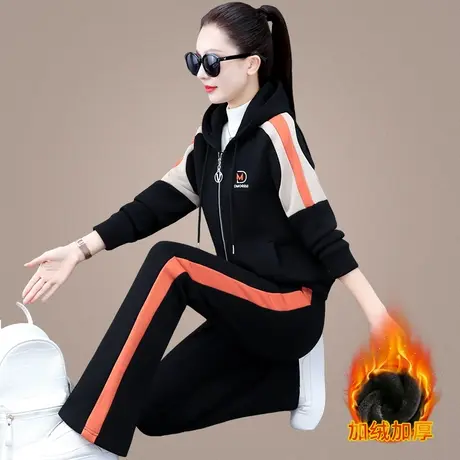 加绒加厚休闲运动套装女秋冬时尚新款连帽卫衣外套直筒裤两件套潮图片