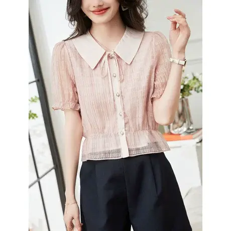 时尚气质减龄短袖衬衫2023年夏季新款淑女温柔甜美显瘦通勤上衣商品大图
