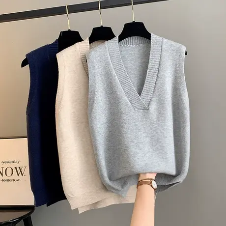 中长款V领纯色马甲女2025春季新款韩版大码宽松前短后长针织背心图片
